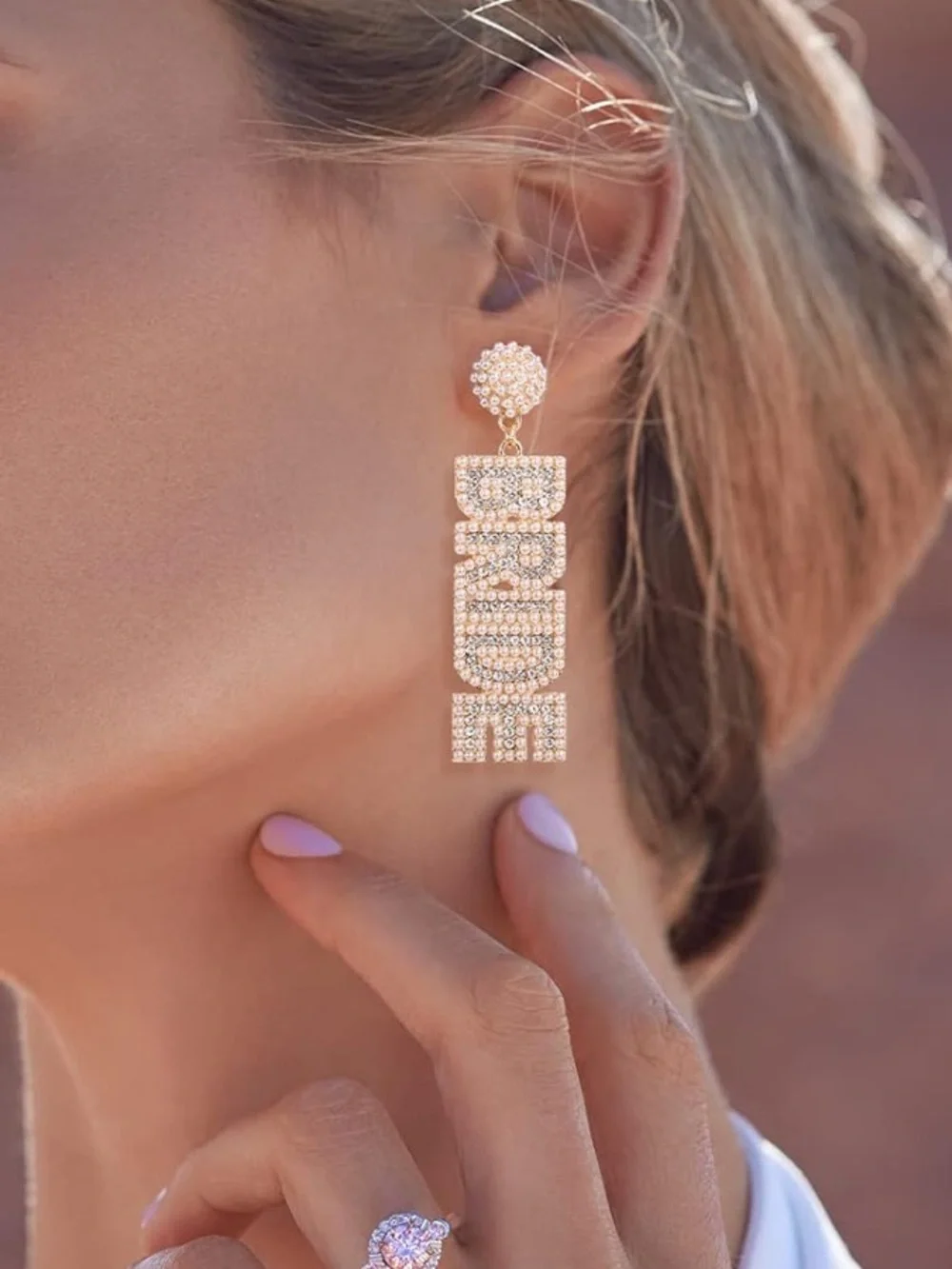 Anthropologie Pearl & Crystal Logo Drop Earrings in Gold and Pearl